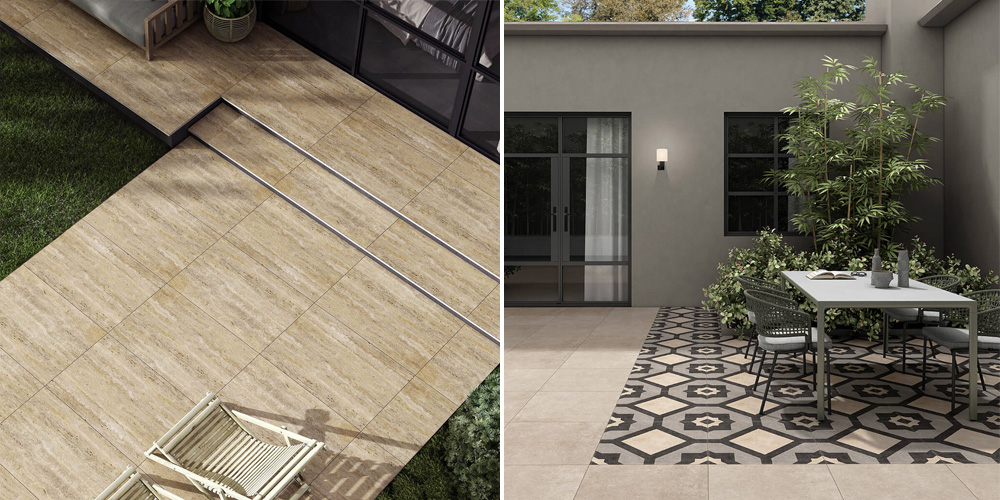 (Left) Beige Travertino light porcelain paving slabs, (Right) Noho dove grey decor porcelain paving slabs